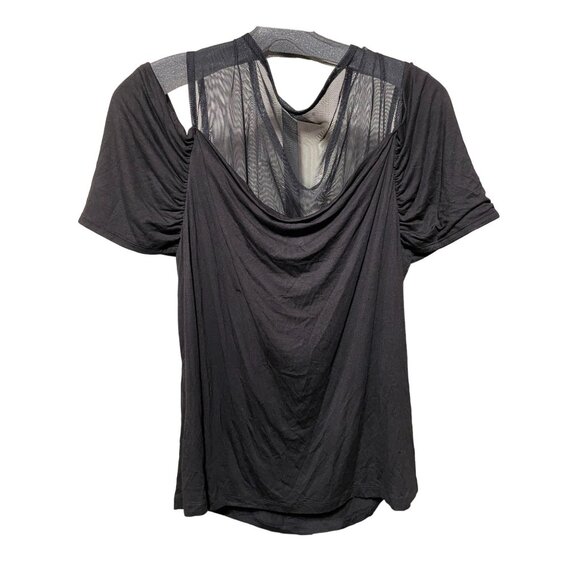 NY & Co Black  Solid With Mesh at Top Cold Shoulder Short Sleeve - Picture 2 of 4